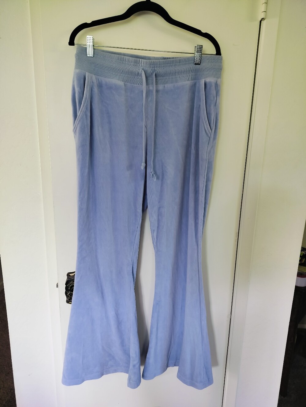 Aerie Groove On Velour Pants Women's Large Blue High Waist Flare Lounge Pants